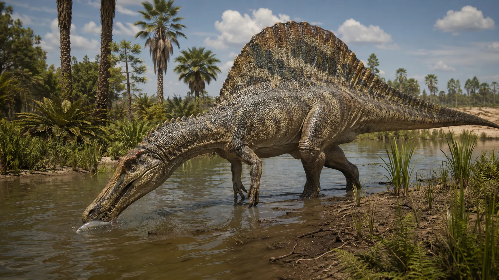 Spinosaurus mirabilis sığ nehirde balık avı canlandırması