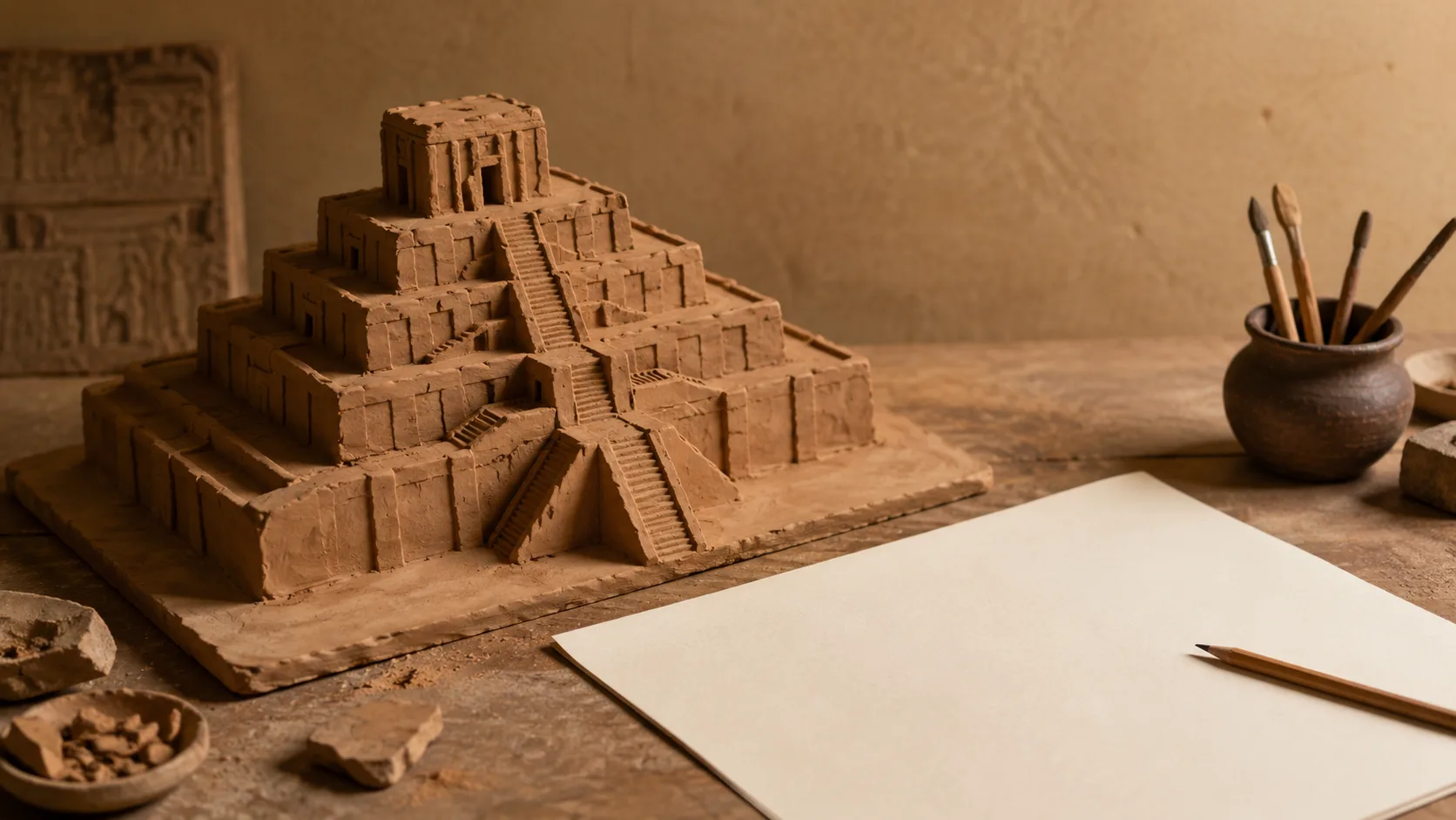 Ur zigguratını temsil eden kil maket ve boş eskiz