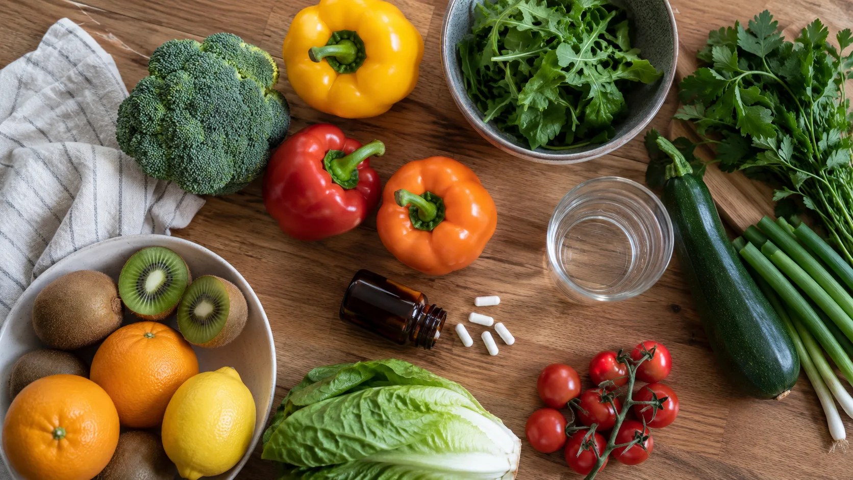 Renkli sebze ve meyvelerle dolu bir mutfak tezgahı, yanında bir bardak su ve vitamin takviyeleri