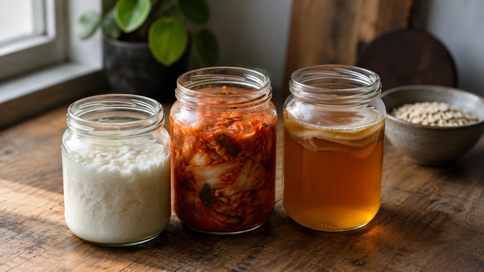 Fermente gidalar: kefir, kimchi ve kombuca dolu cam kavanozlar ahsap mutfak masasinda sabah isiginda
