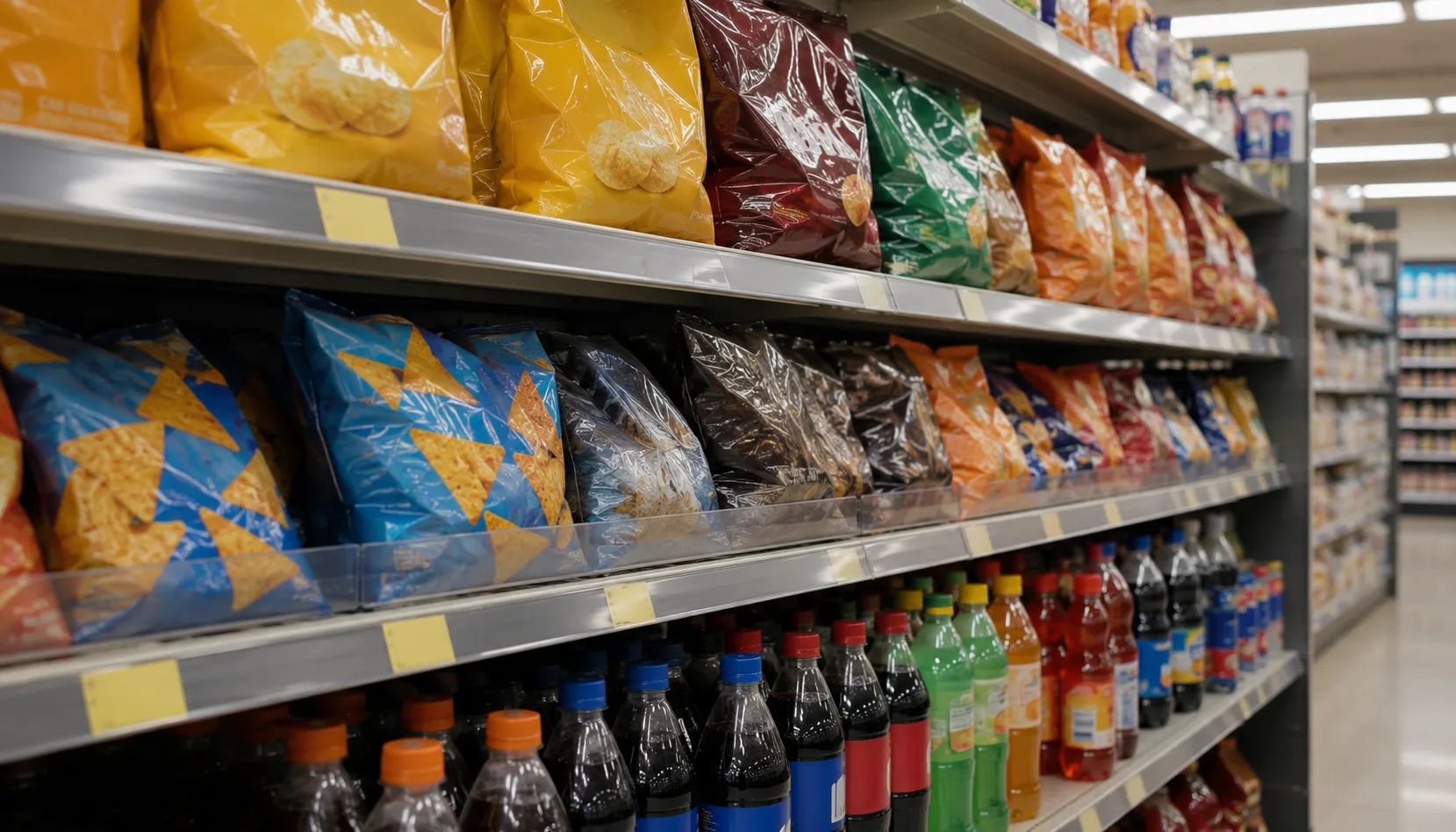 Supermarket rafinda sirali jenerik paketli atistirmaliklar ve plastik sise gazli icecekler