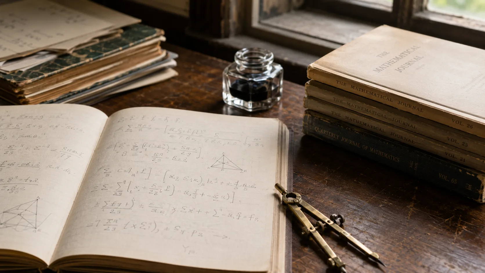 Eski bir ahşap masada açık matematik defterleri, el yazısıyla denklemler ve bir kalem
