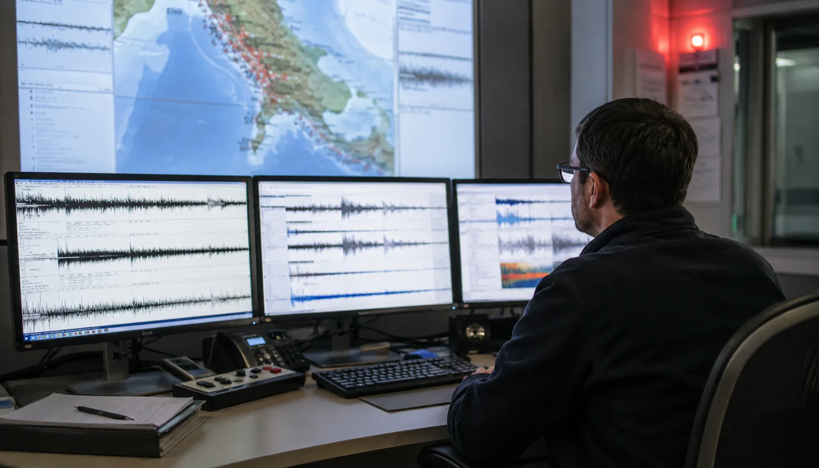 deprem erken uyarı merkezinde sismik monitörleri izleyen uzman