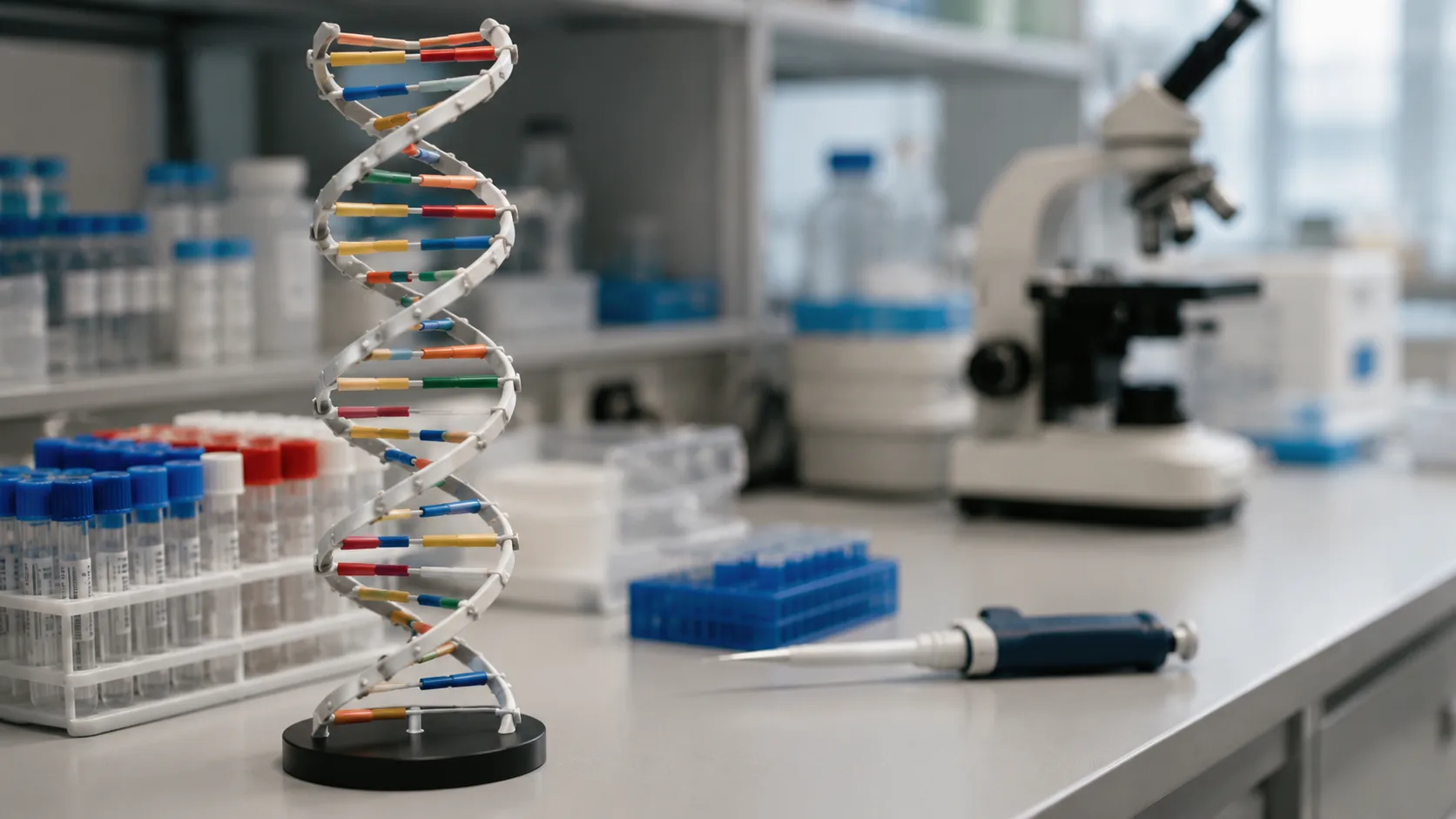 laboratuvar masasında DNA çift sarmal modeli ve numune tüpleri