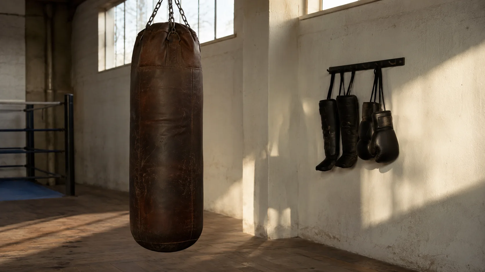 Bir spor salonunda deri dövüş kesesinin önünde duran boks eldivenleri ve MMA shin koruyucuları
