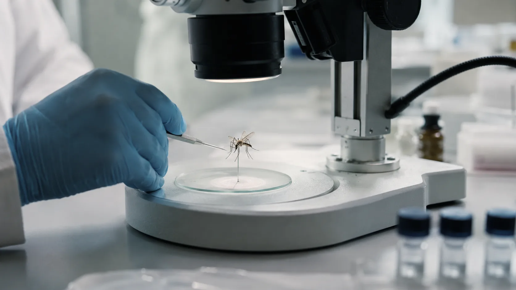 laboratuvar ortamında sivrisinek örneğini inceleyen entomoloji uzmanı