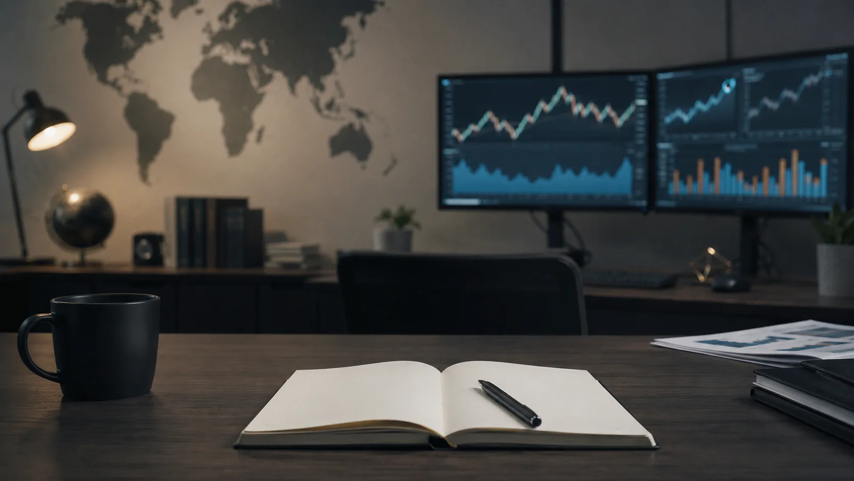 ekonomi masasındaki grafik ekranları ve dünya haritası