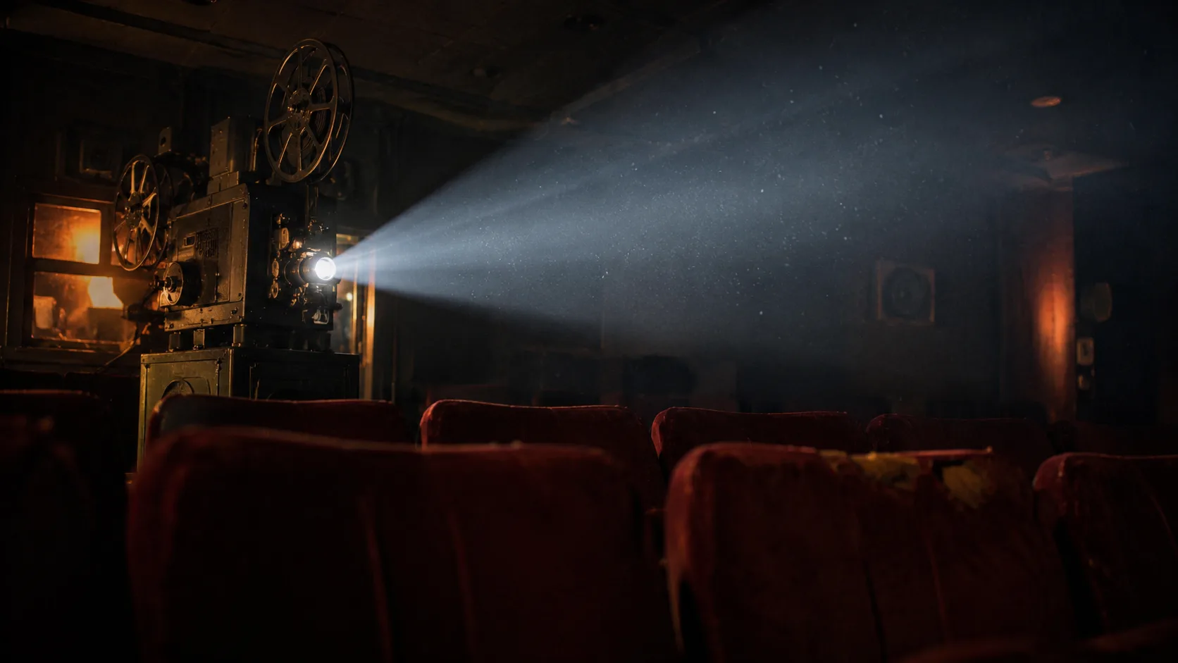 Eski bir film projeksiyonu ışığının karanlık bir sinema salonuna yansıması