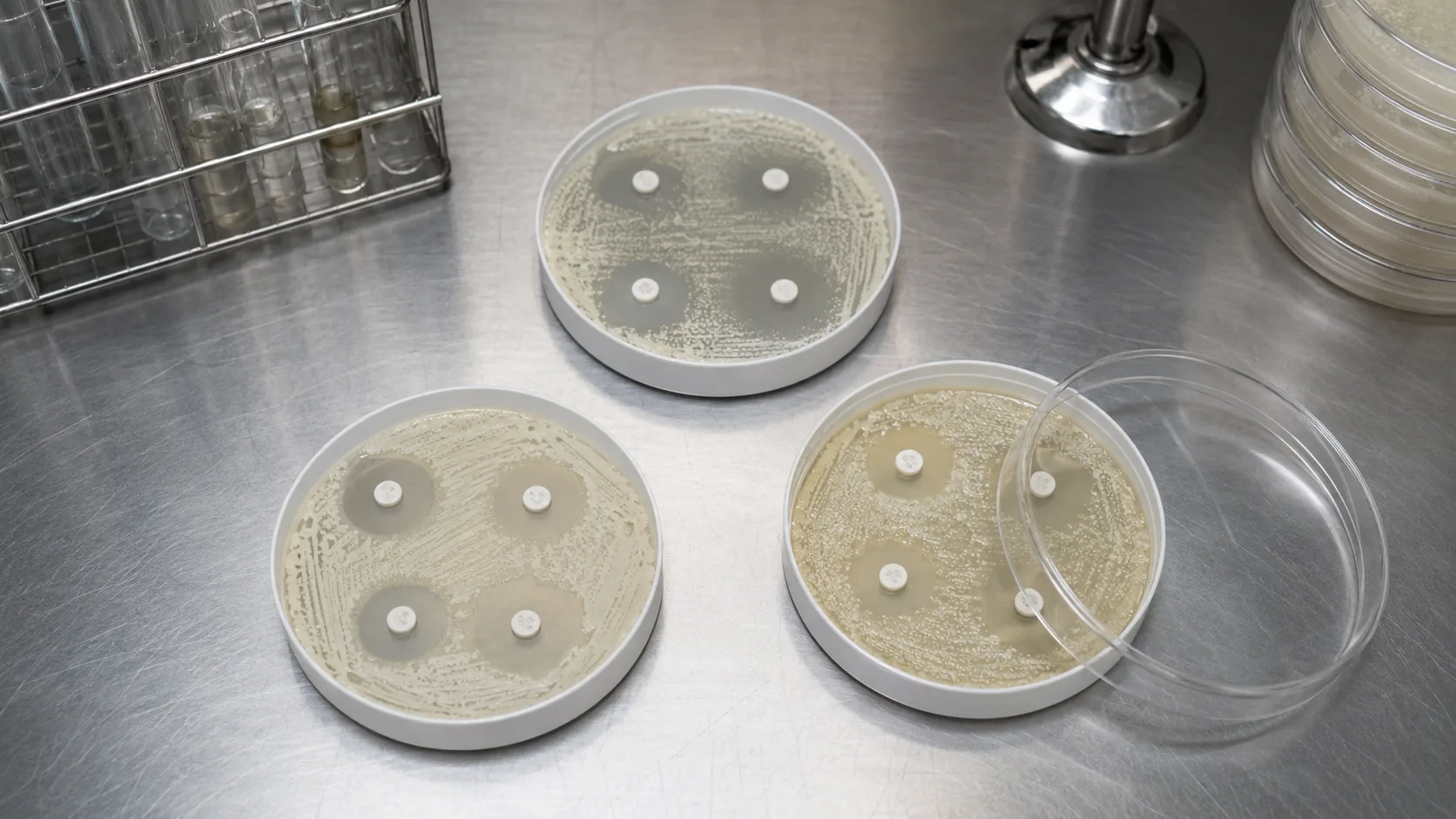 Petri kabında kültürlenmiş bakteri kolonileri ve antibiyotik direnç testi sonuçları gösteren laboratuvar tezgahı