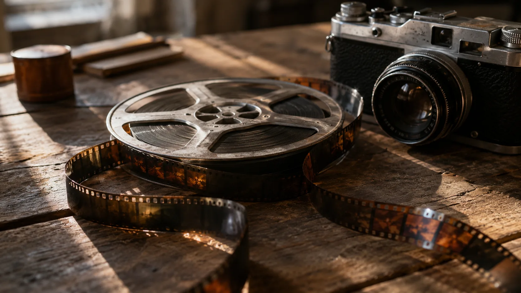 Eski bir film kamerasının önünde siyah-beyaz film şeridi
