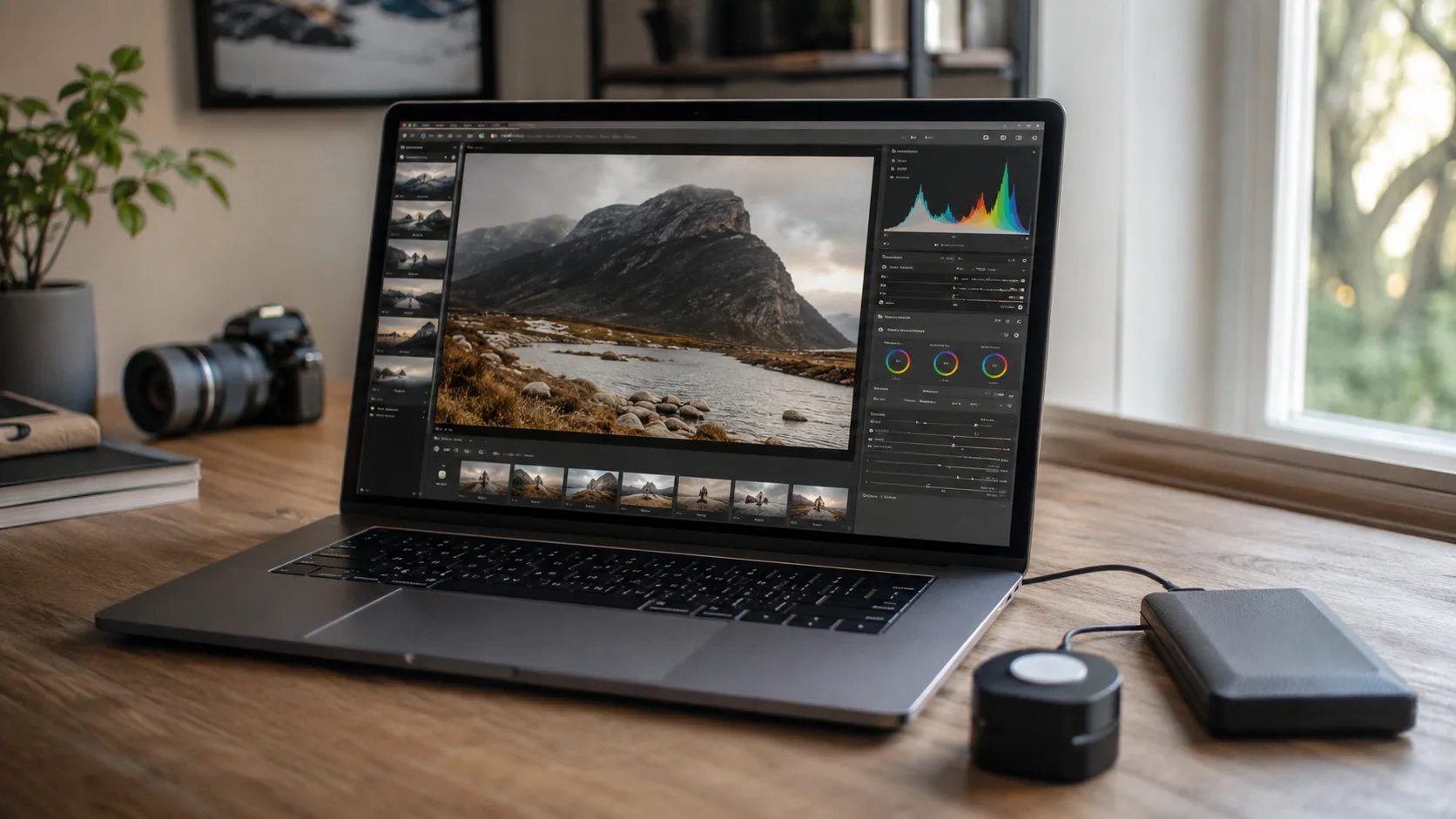 Dizüstü bilgisayar ekranında Lightroom arayüzü ve renk düzeltme paneli açık