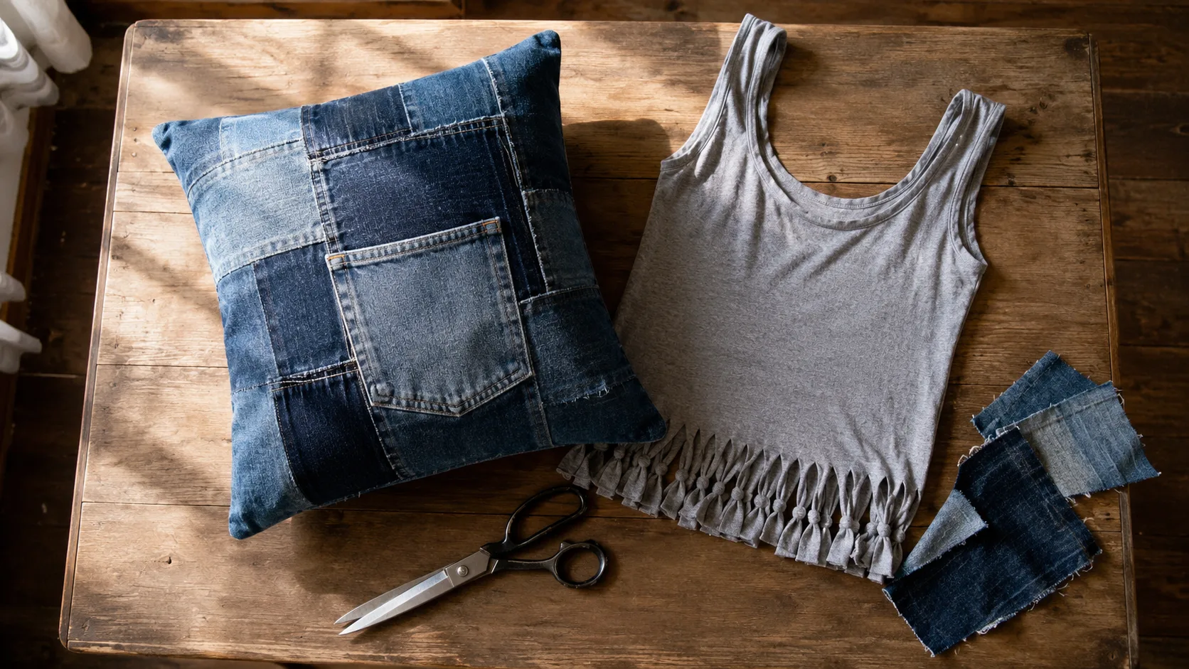 Eski kot pantolon parçalarından yapılmış patchwork yastık ve tote çanta, tahta masa üzerinde