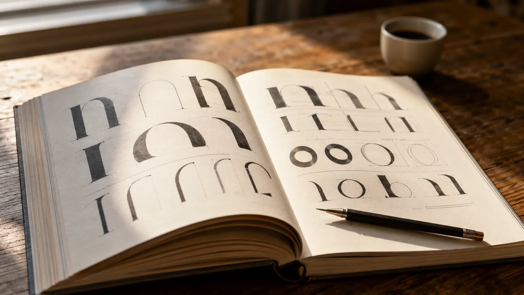 Masa üzerinde serif ve sans-serif font örnekleri içeren açık typographic specimen kitabı ve mekanik kalem