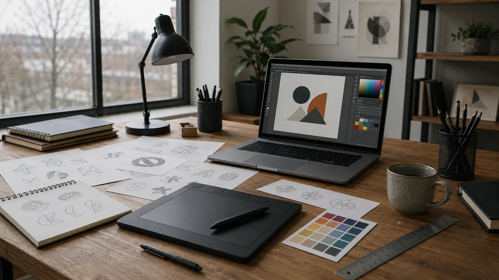 Tasarımcı çalışma masası: grafik tablet, laptop ekranı ve eskiz defteri açık