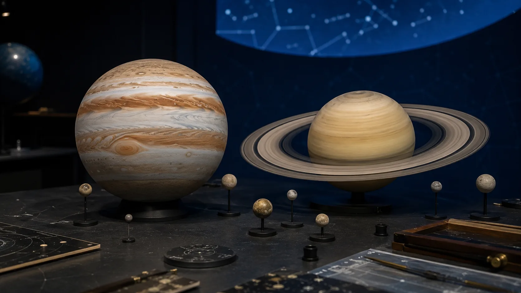 Jüpiter ve Satürn modelleriyle çalışan planetaryum masası
