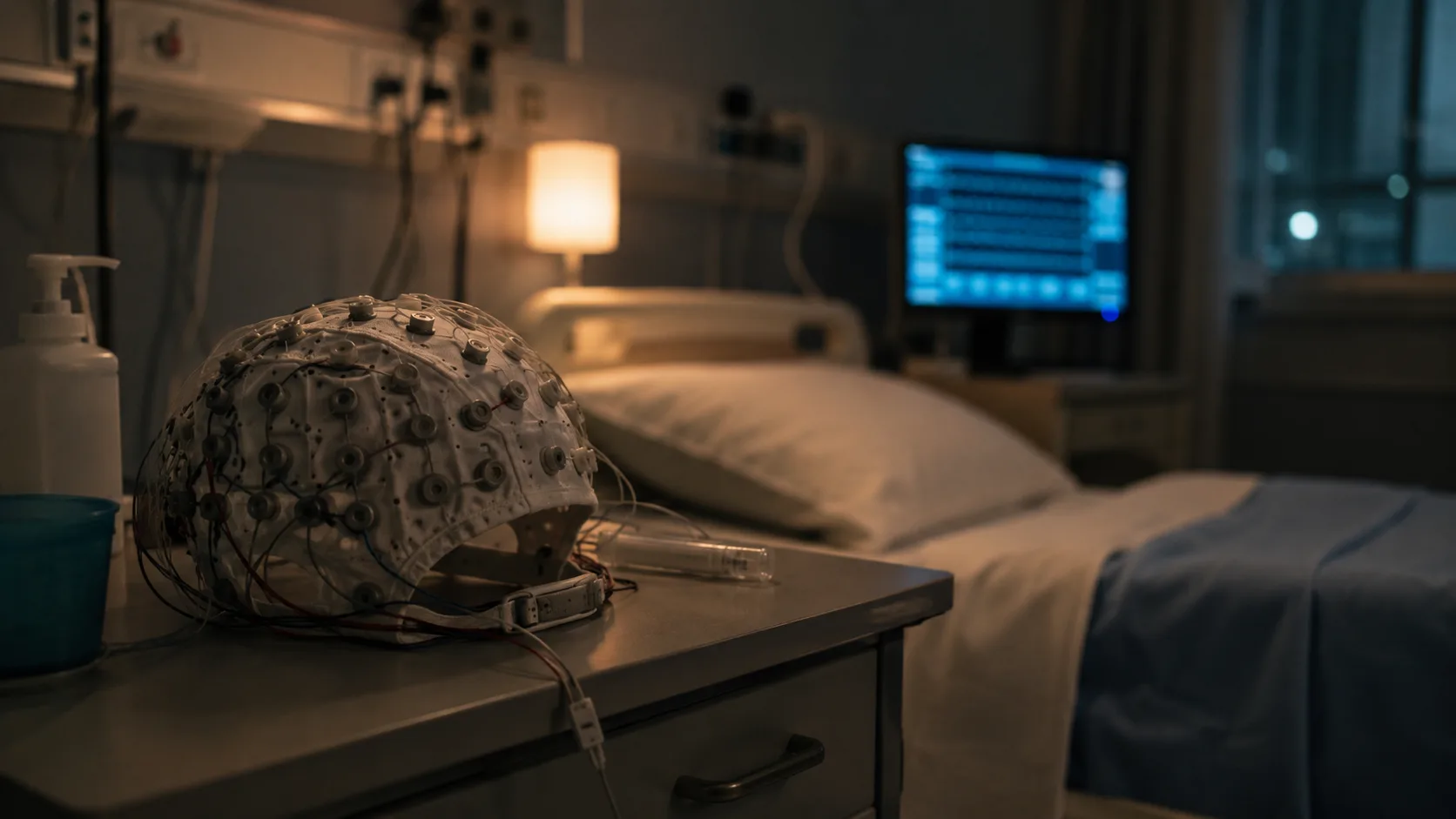 uyku laboratuvarında EEG başlığı ve sakin gece ışığı