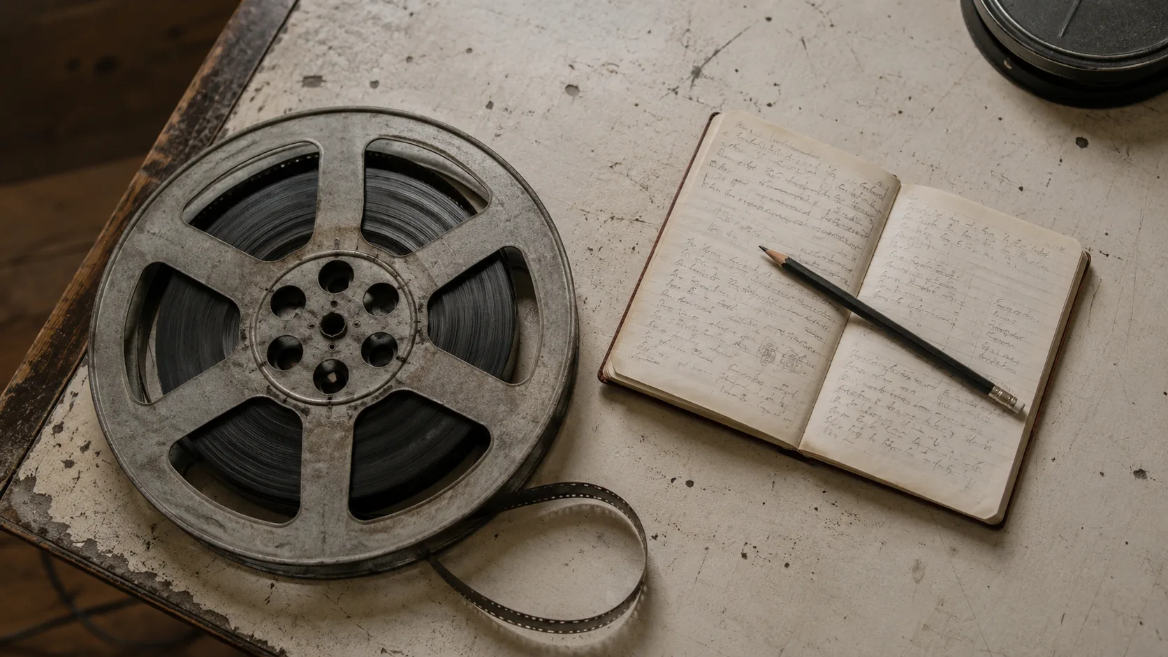Film makarası ve eski bir projeksiyon masası üzerinde belgesel notları