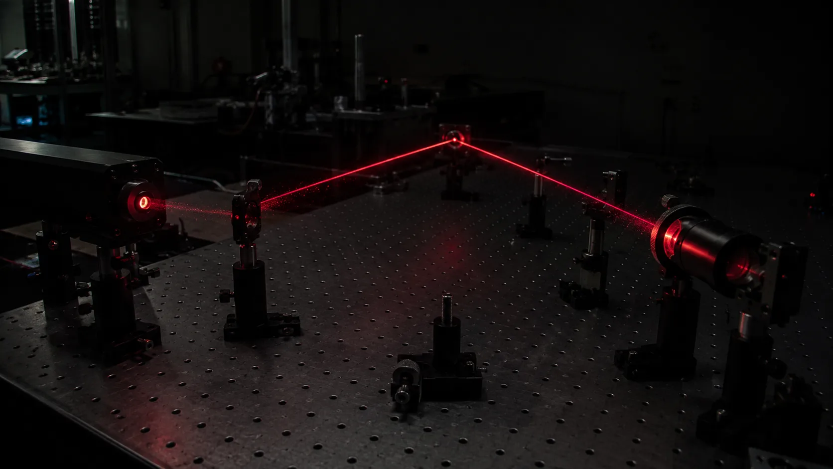 Laboratuvar tezgahında kırmızı lazer demetinin optik bileşenler arasında yayıldığı görünüm