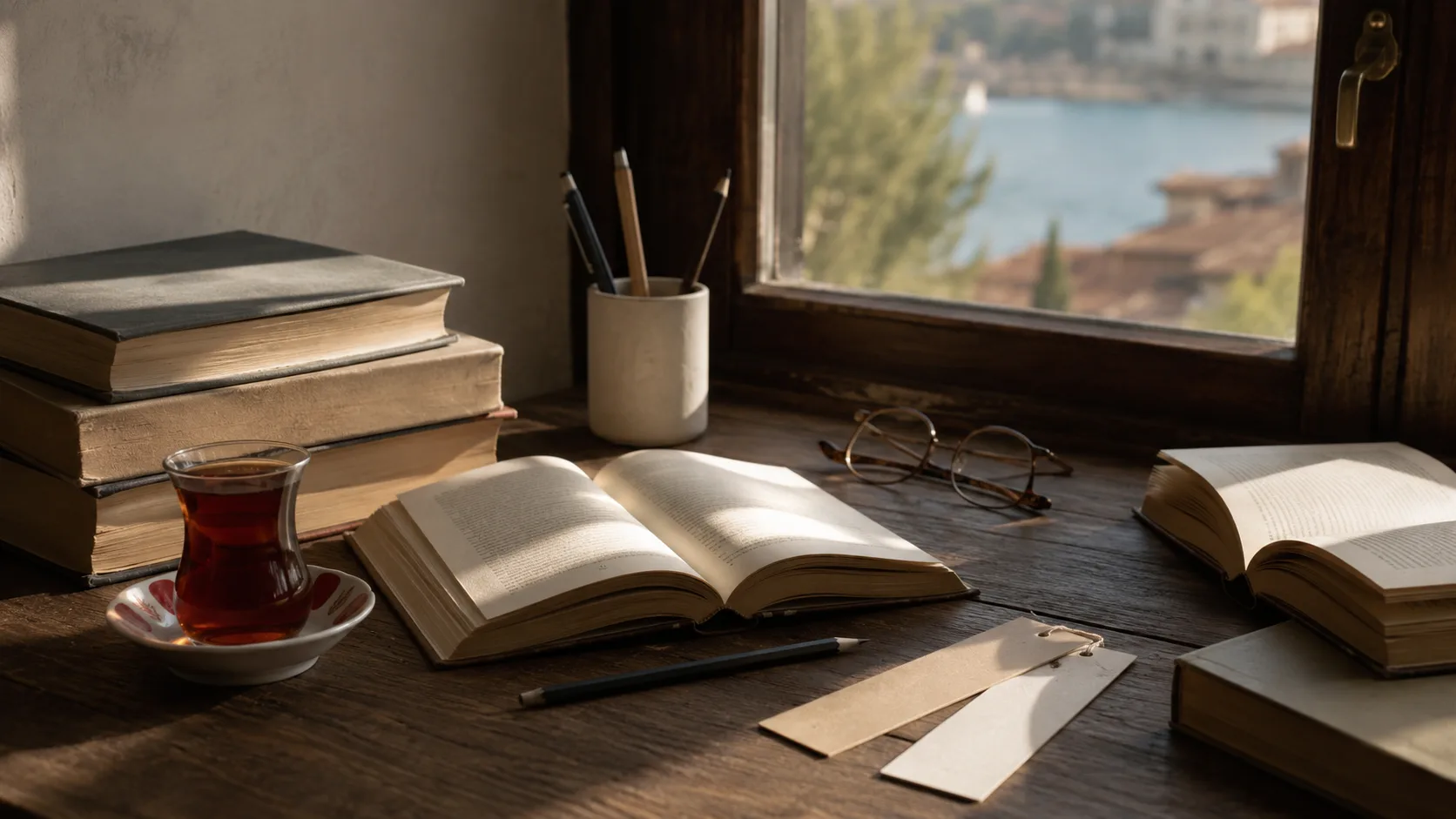 Türkçe kadın edebiyatı seçkisi için boş kitap ayracı ve kahve