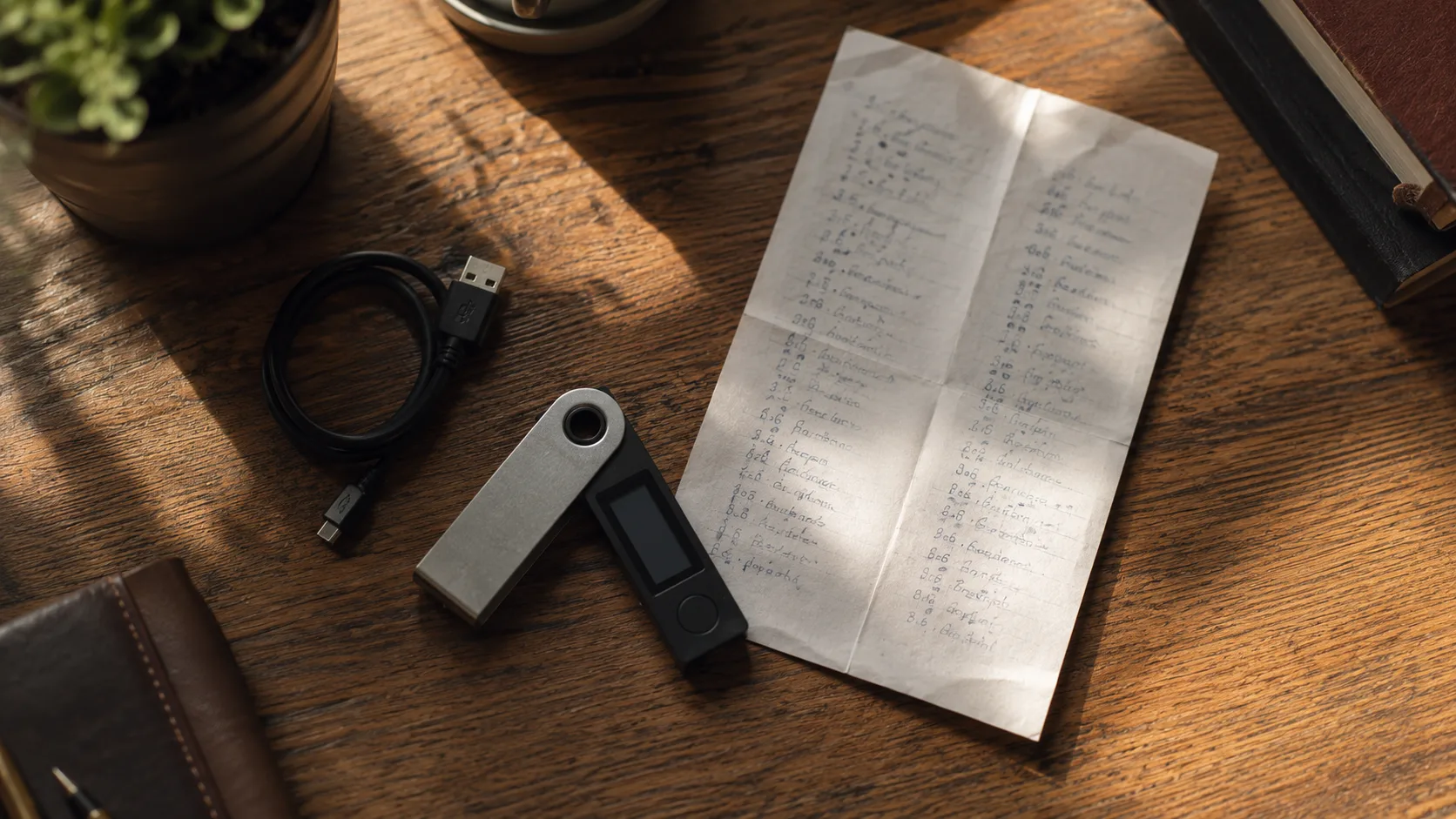 Ahşap masa üzerinde donanım kripto cüzdanı cihazı, yanında kâğıda yazılı seed phrase notları ve USB kablosu