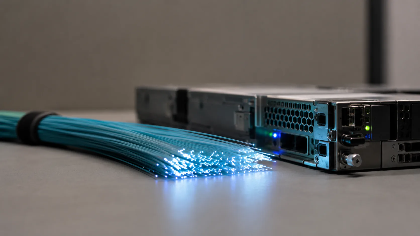Fiber optik kablo uçlarından yayılan mavi ışık ile güvenli veri iletimini simgeleyen laboratuvar düzeneği