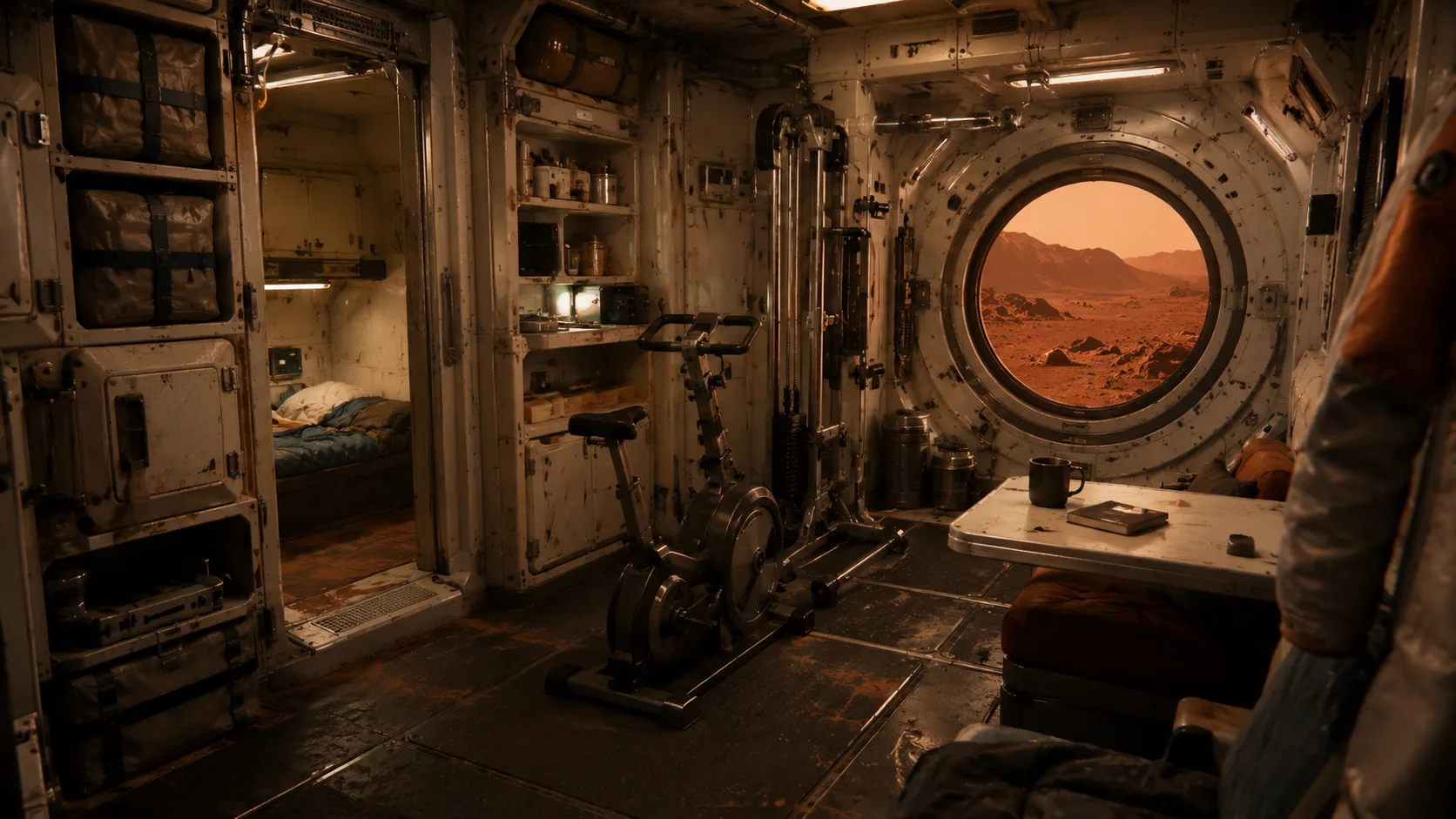Mars habitatında küçük ekip yaşam alanı ve görev lojistiği