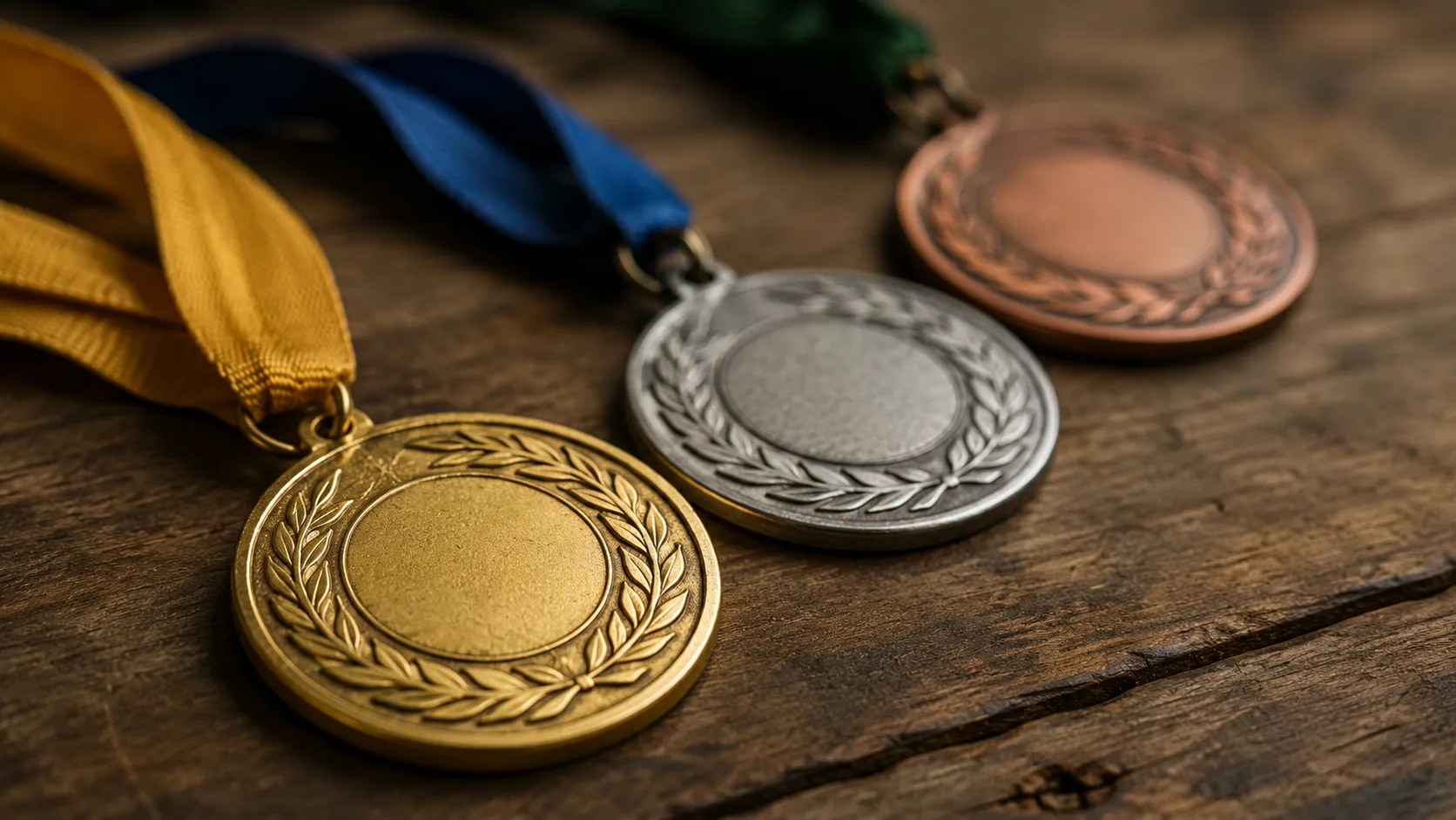 Olimpiyat madalyaları — altın, gümüş ve bronz — ahşap bir masa üzerinde doğal ışıkta