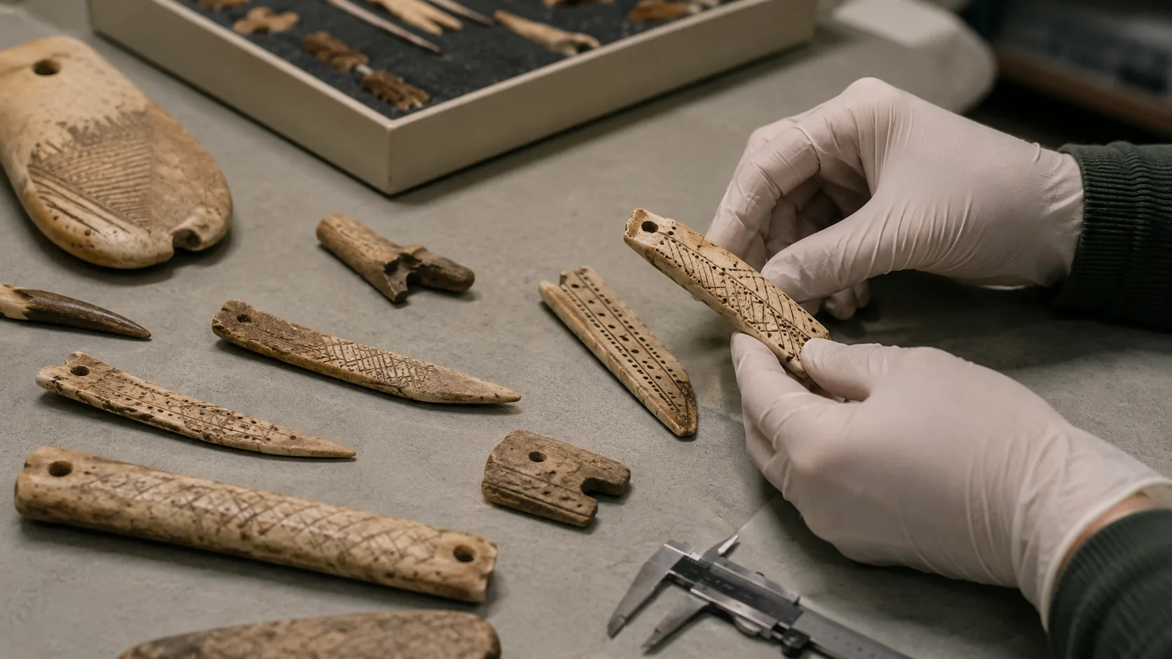 Paleolitik işaretli kemik ve fildişi objeler araştırma masasında