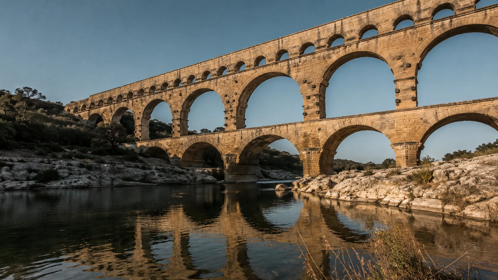 Fransa'daki Pont du Gard Roma su kemeri, taş kemerler ve akan nehir