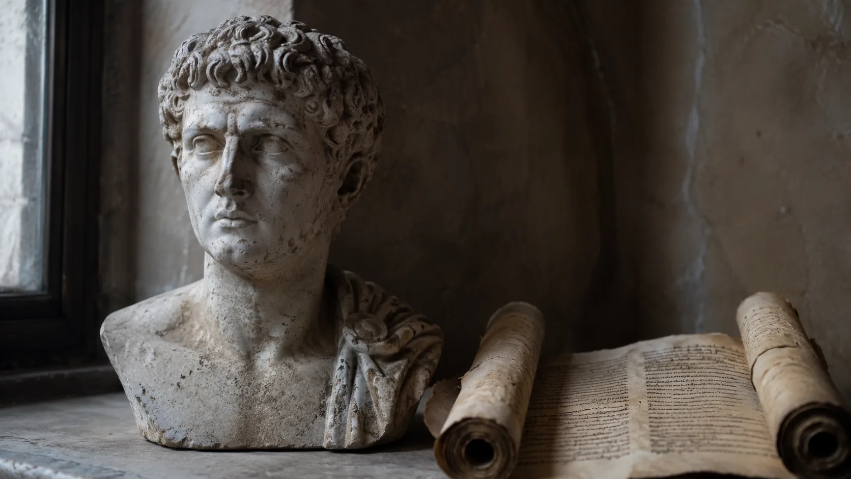 Antik Roma dönemi büst heykeli ve el yazması parşömen