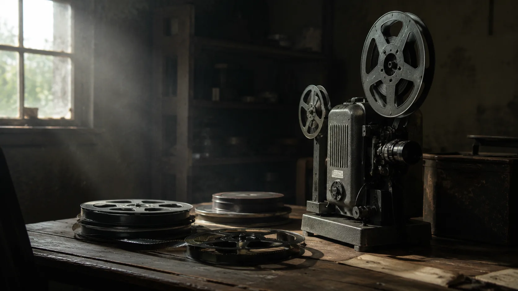 Eski bir sinema projeksiyonu makinesi ve filim makaraları, antik masa üzerinde