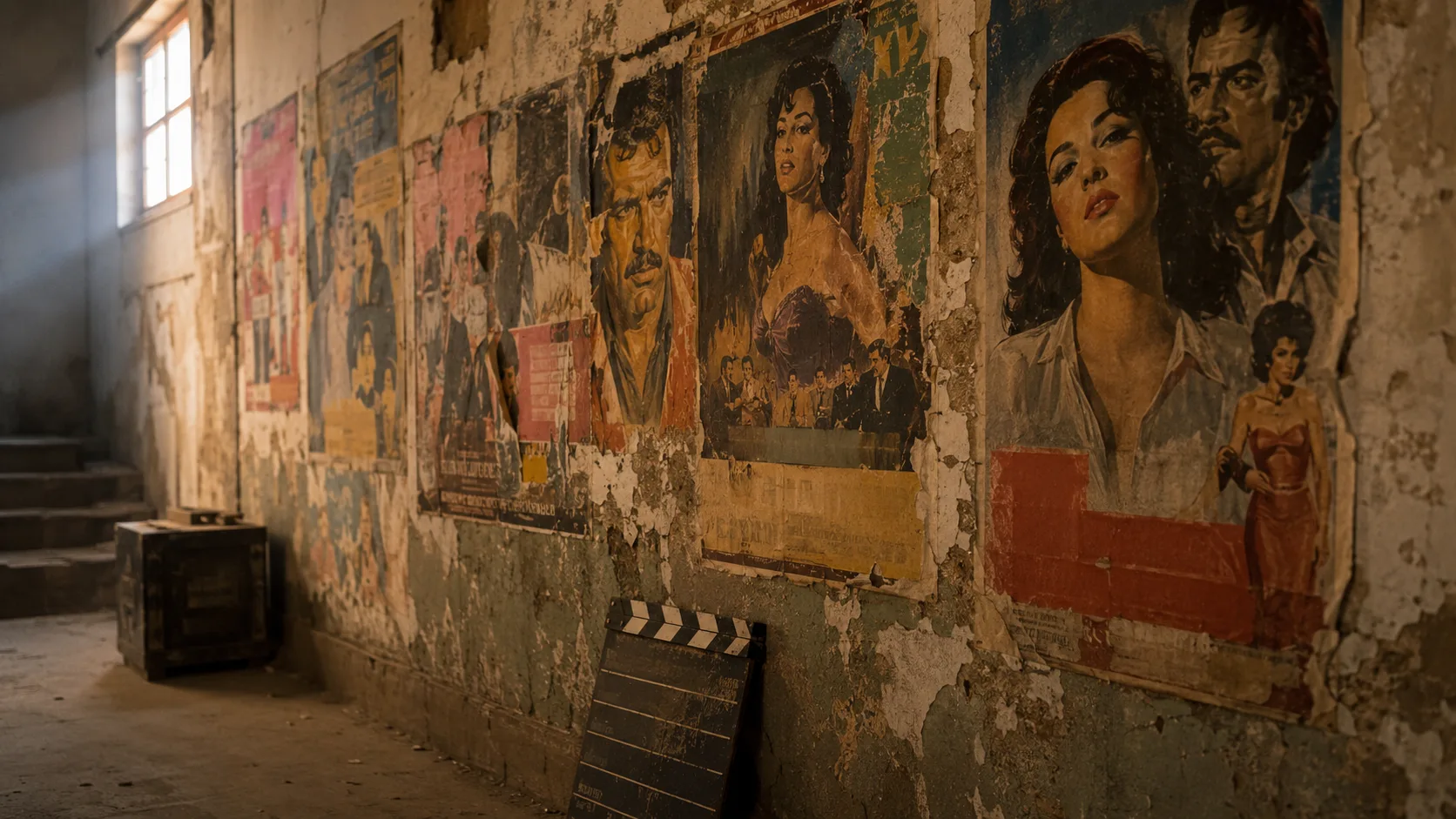 Eski Türk sinema afişleri ve bir film klapeti, tahta raflar üzerinde