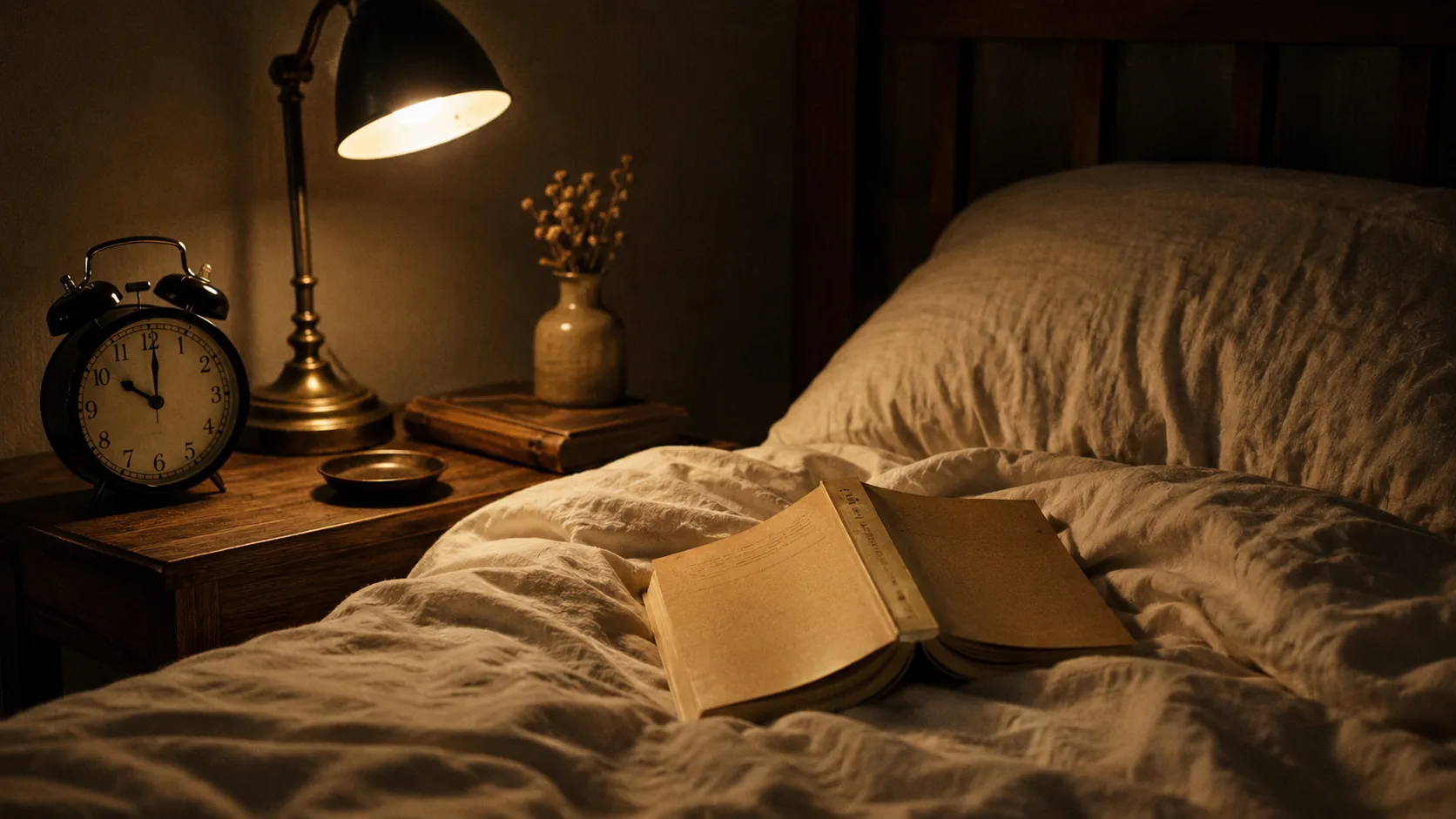Gece lambası ışığında kitap okuyan bir kişinin el ve kitap detayı, ekransız yatak odası ortamı