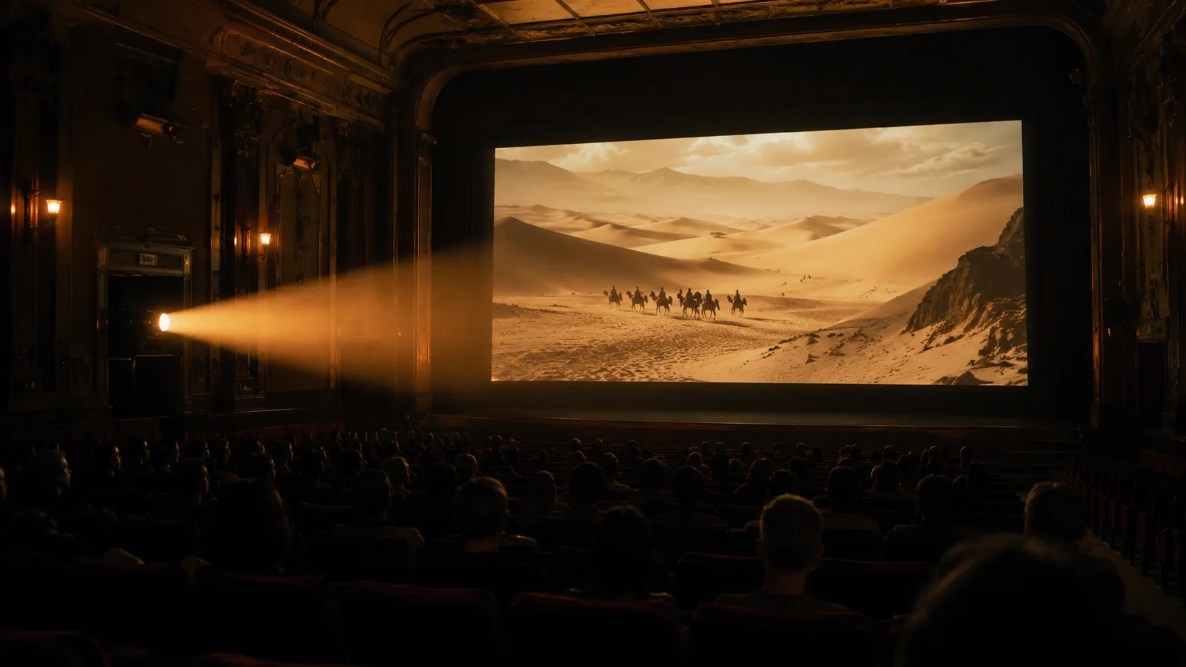 eski sinema salonunda geniş perdede epik film sahnesi izleyen seyirciler