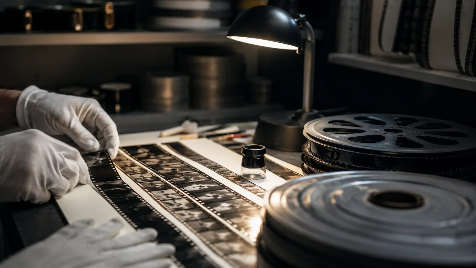 film restorasyon masasında 35 mm şerit ve not defteri