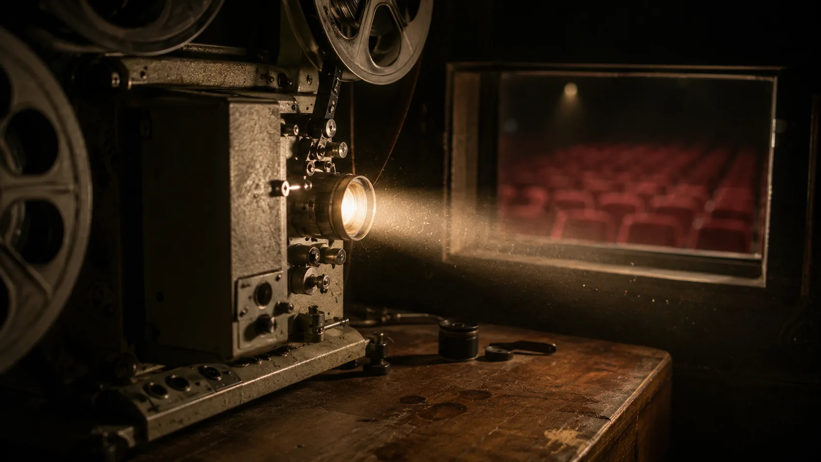 Eski bir film projektörü yakın çekimde, sinemada filmin başlamasını bekleyen boş koltuklar arka planda