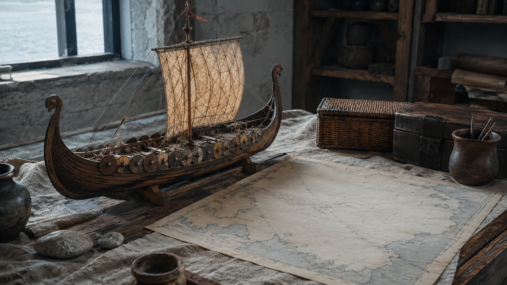 Viking uzun gemisi için ahşap model ve boş deniz haritası