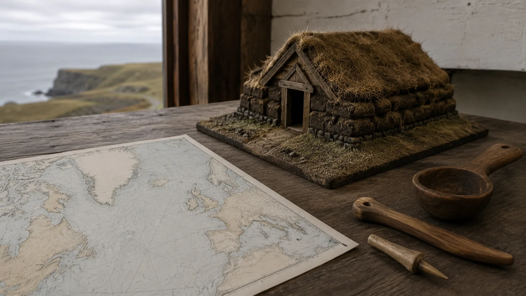 L'Anse aux Meadows Viking kampını temsil eden boş harita ve çim ev modeli