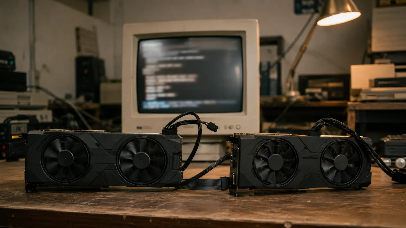 İki Nvidia GTX 580 GPU'nun üzerinde çalışan AlexNet eğitim kurulumu — masa üstü bilgisayar ve karanlık arka plan
