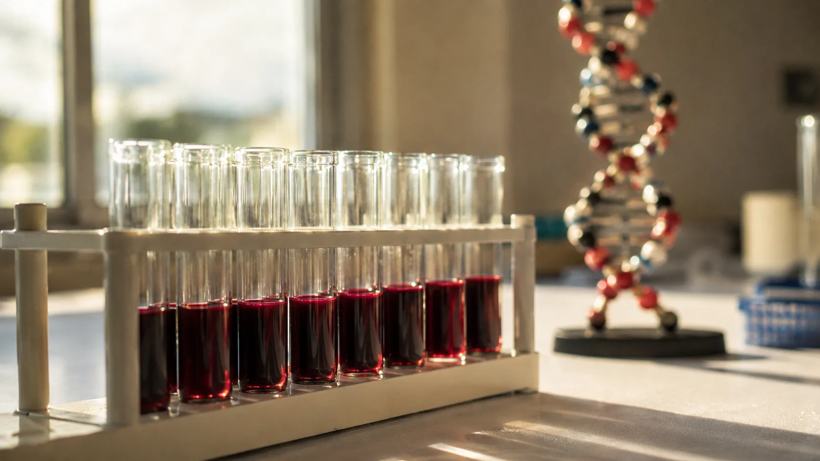 Laboratuvar ortamında kan örneği tüpleri ve DNA molekül modeli
