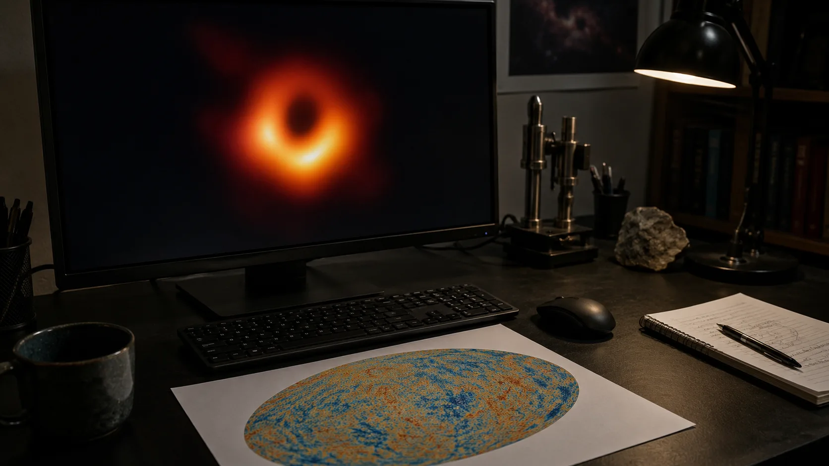 kara delik gözlemi ve erken evren verilerini inceleyen astrofizik çalışma masası